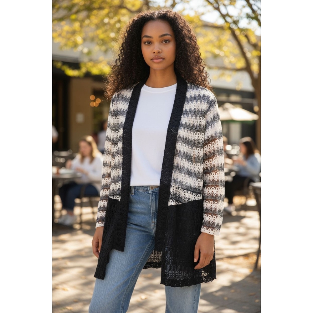 Alfred Dunner Black and White Open-Front Cardigan